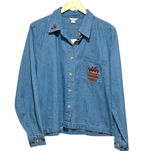 NWT CJ Banks Y2K Embroidered Denim Shirt Apples Basket Autumn Fall Womens Large - Picture 2 of 10
